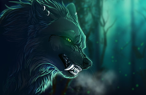 direwolf цифровые обои, фэнтези арт, волк, тварь, произведение искусства, зеленые глаза, HD обои HD wallpaper