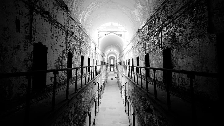 cave pathway, building, penitentiary, prisons, monochrome, HD wallpaper