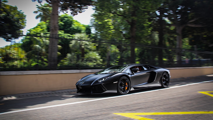 black sports car, Lamborghini Aventador, car, HD wallpaper