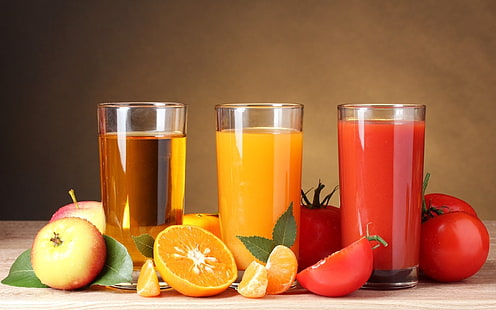 tomato, orange, and apple juices, tomato, apple, orange, juice, glasses, fruit, HD wallpaper HD wallpaper