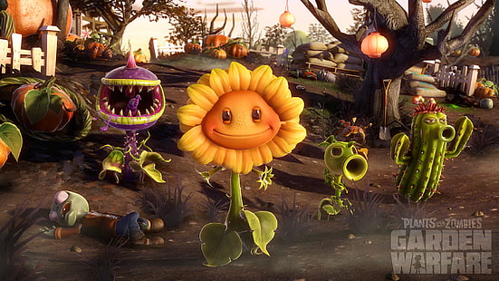 Videojuego, Plants vs. Zombies: Garden Warfare, Cactus (Plants vs. Zombies), Chomper (Plants Vs. Zombies), Peashooter (Plants Vs. Zombies), Sunflower (Plants Vs. Zombies), Fondo de pantalla HD HD wallpaper