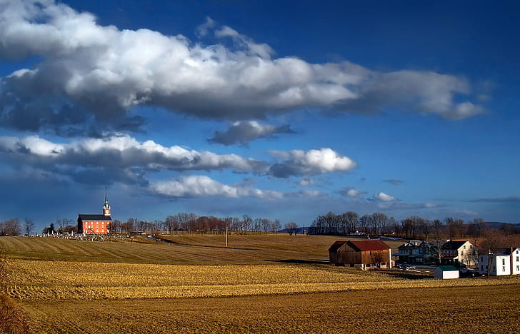 photo of green field during daytime, Brown, Study, photo, green field, daytime, Berks County, Maxatawny Township, PA-222, Route 222, field  farm, church, Pennsylvania Dutch, Pennsylvania German, landscape, sky, clouds, stratocumulus, rural, winter, creative commons, agriculture, rural Scene, farm, field, nature, europe, HD wallpaper