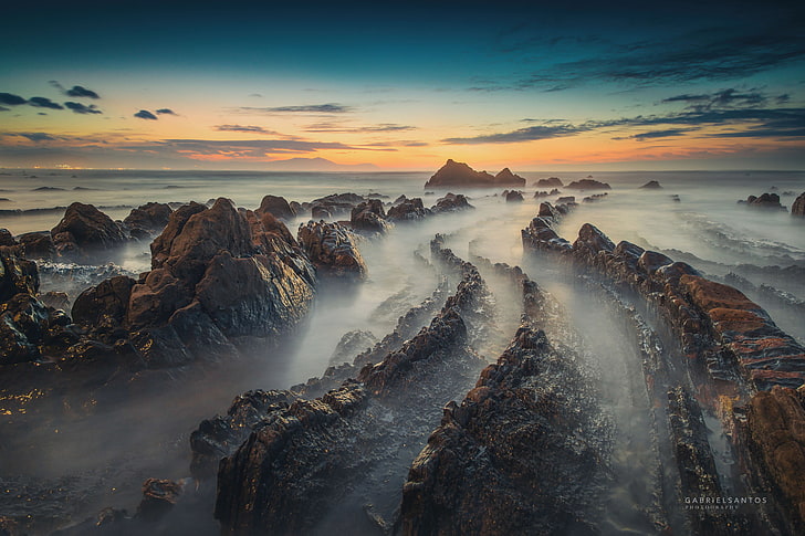 sea, rocks, Spain, Basque Country, HD wallpaper