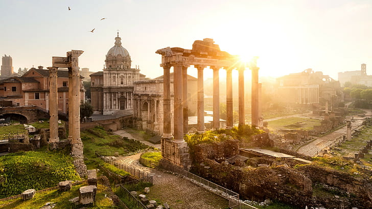 Forum Romanum, Rome, Italie, Templum Saturni, Arco di Settimio Severo, soleil, rayons, ville, vieux, voyage, monde, Fond d'écran HD