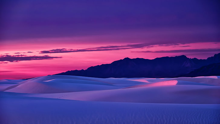 champ du désert blanc, coucher de soleil, montagnes, ciel, paysage, sable, désert, Fond d'écran HD