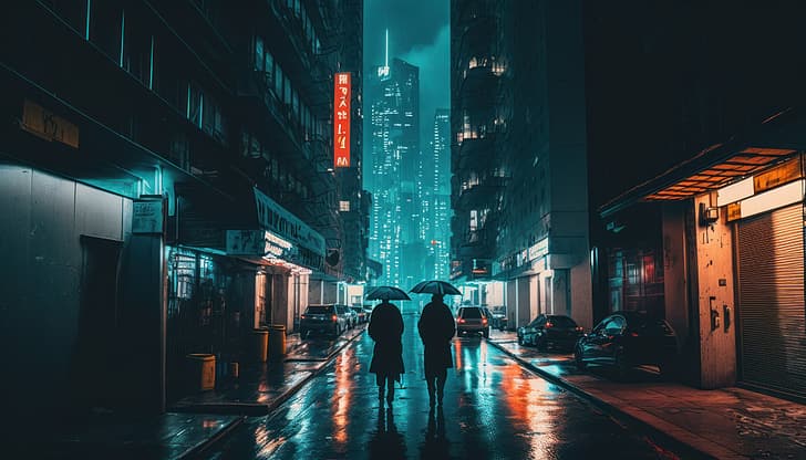 Искусство ИИ, иллюстрация, Токио, Япония, улица, неон, зонт, HD обои