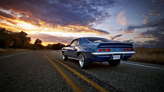 синий купе, Chevrolet Camaro, старая машина, дорога, синие автомобили, Chevrolet, автомобиль, HD обои HD wallpaper