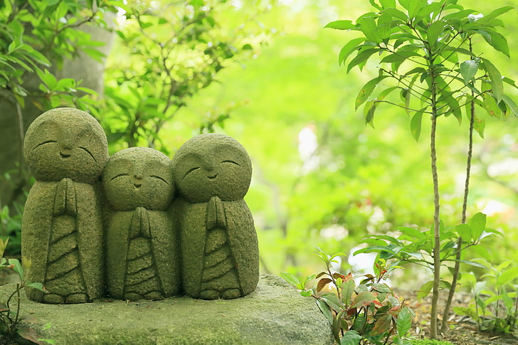 plantas verdes, Japón, templo, estatuas, estatuas de Jizo, Kamakura, Templo de Hase-dera, Jizo, Fondo de pantalla HD