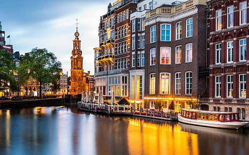 Amsterdam, Países Bajos, barco, terraplén, Países Bajos, Amsterdam, edificios, canal munttoren, Fondo de pantalla HD HD wallpaper