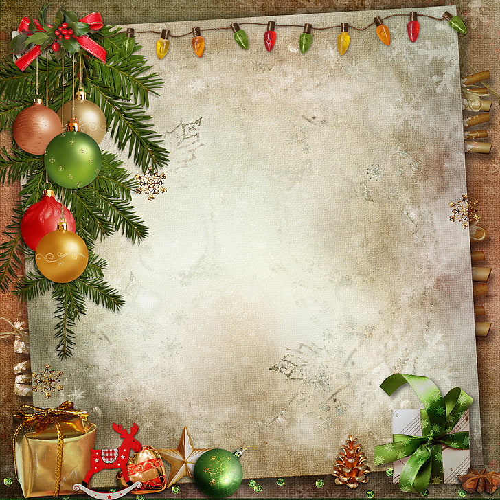 Christmas-themed border, decoration, holiday, balls, tree, Christmas, postcard, Merry Christmas, greeting, HD wallpaper