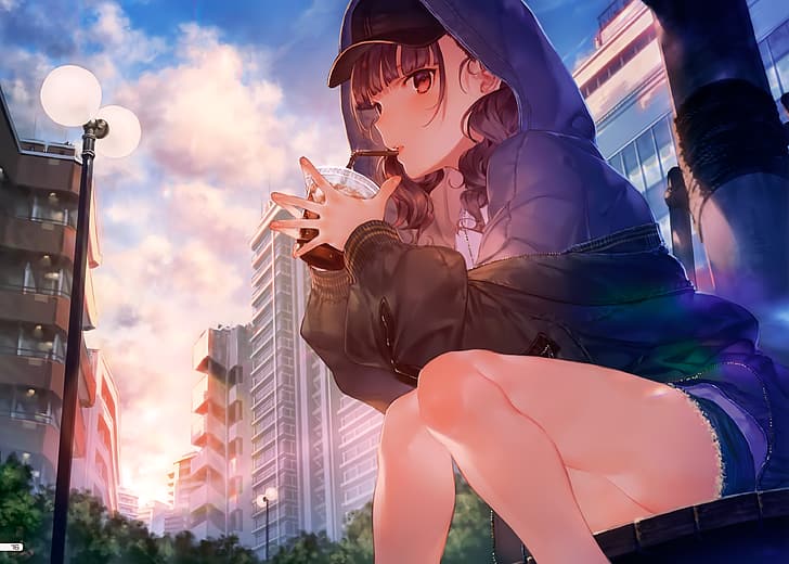 anime girls, soda, baseball cap, hot pants, hoods, HD wallpaper