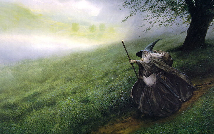 penyihir memegang tongkat dekat lukisan pohon, ilustrasi penyihir jubah coklat, Gandalf, penyihir, The Lord of the Rings, The Hobbit, abu-abu, menggambar, seni fantasi, Wallpaper HD