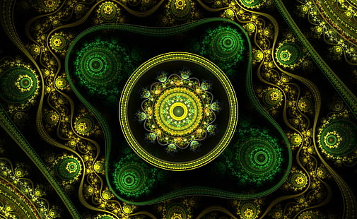 Flor celta, papel tapiz mandala, artístico, abstracto, fractal, amarillo, celta, flores, verde, negro, floral, apófisis, Fondo de pantalla HD HD wallpaper