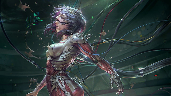 woman cyborg illustration, Ghost in the Shell, wires, science fiction, women, Kusanagi Motoko, cyborg, fan art, HD wallpaper