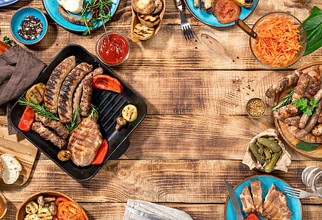 meat, BBQ, vegetables, wood, grill, grilled, HD wallpaper HD wallpaper