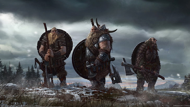 three men holding armor wallpaper, Vikings, Nordic, warrior, Axe, shield, artwork, concept art, axes, fantasy art, HD wallpaper