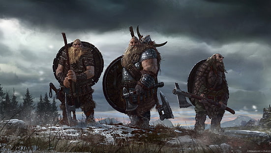 three men holding armor wallpaper, Vikings, Nordic, warrior, Axe, shield, artwork, concept art, axes, fantasy art, HD wallpaper HD wallpaper