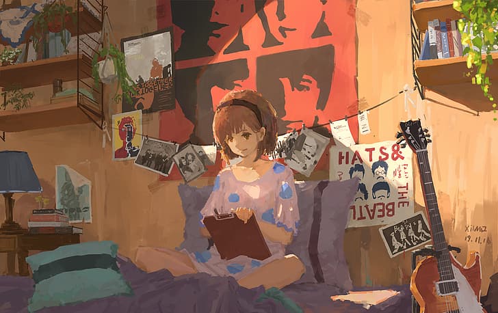 XilmO, anime, anime girls, artwork, guitar, bed, bookshelves, HD wallpaper