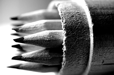 black and white, macro, pencils, school, wood, HD wallpaper HD wallpaper