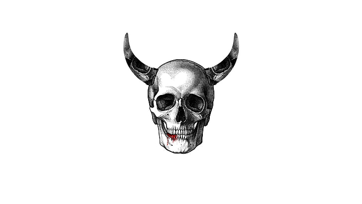 череп, кровь, белый фон, рога демона, HD обои