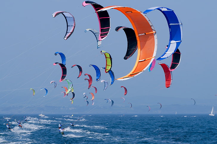 banyak selancar layang-layang warna-warni, kitesurfing, olahraga, laut, Wallpaper HD