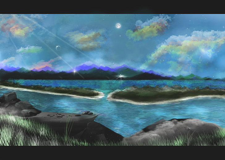 синя и бяла абстрактна живопис, планински проход, Тихи океан, облаци, лунни лъчи, трева, пейзаж, HD тапет