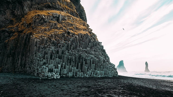naturaleza, mar, roca, acantilado, Reynisfjara, Islandia, costa, playa, Fondo de pantalla HD