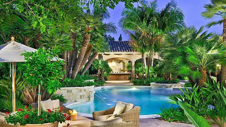 resort, palm, pool, summer, swimming pool, estate, summertime, real estate, vacation, palm tree, villa, hacienda, leisure, home, backyard, HD wallpaper