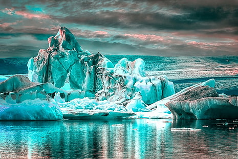 ice age digital wallpaper, ice, glaciers, water, clouds, reflection, iceberg, Antarctica, nature, landscape, HD wallpaper HD wallpaper