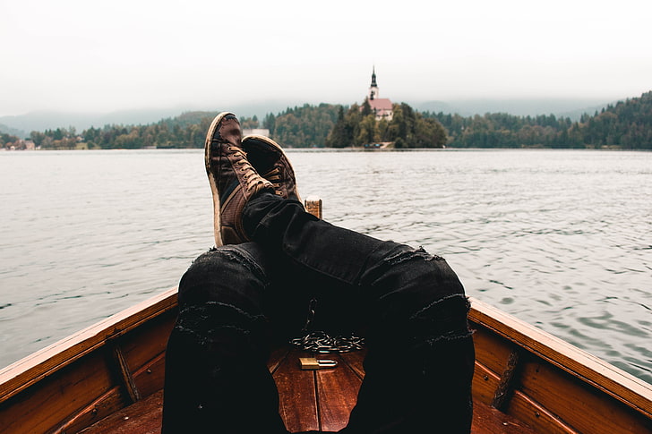 shoes, boat, sea, chapel, island, Slovenia, Lake Bled, European Union, Europe, HD wallpaper