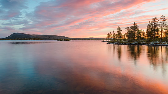 Natur, Landschaft, Bäume, Dalarna, Schweden, Fluss, Wolken, Sonnenuntergang, Felsen, Berge, HD-Hintergrundbild HD wallpaper