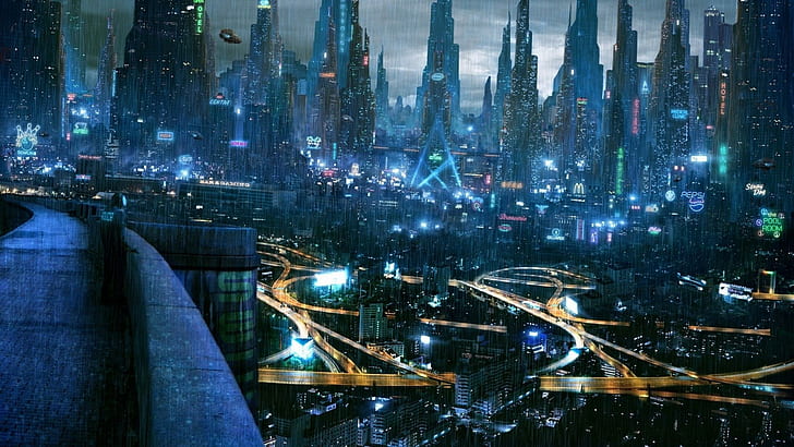 Chuvosa cidade futurista, horizonte da cidade, fantasia, 2560x1440, chuva, cidade, futuro, HD papel de parede