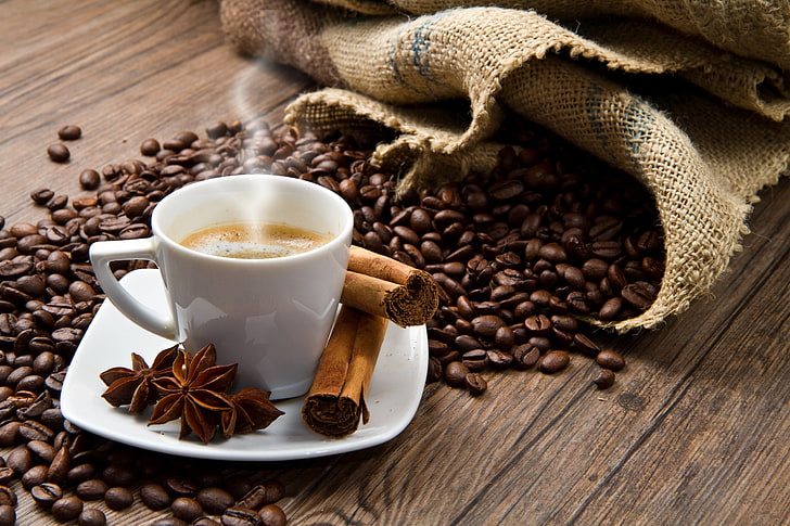 star anis and coffee beans, coffee, corn, cup, star anise, cinnamon, spices, HD wallpaper