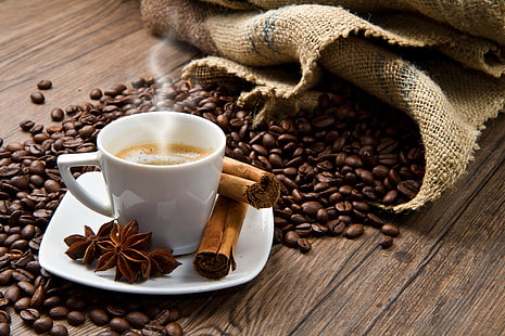 Sternanis und Kaffeebohnen, Kaffee, Mais, Tasse, Sternanis, Zimt, Gewürze, HD-Hintergrundbild HD wallpaper
