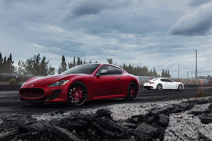 червен Maserati Grand Turismo, maserati, granturismo, mc, червен, страничен изглед, HD тапет