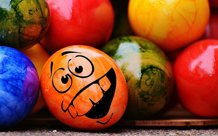 Счастливой Пасхи !, яйцо, разноцветное, оранжевое, пасхальное, веселое, лицо, HD обои