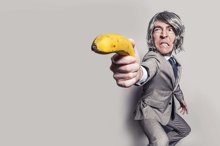 action, adult, angry, arm, banana, designer suit, expression, eyes, facial expression, formal, funny, hands, man, model, necktie, outfit, person, photoshoot, posing, posture, robbery, suit, tie, HD wallpaper