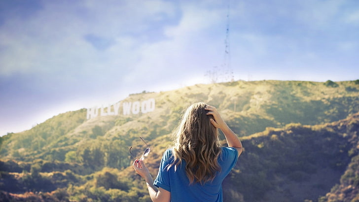 女性の青いシャツ、髪、女の子、ハリウッド、 HDデスクトップの壁紙
