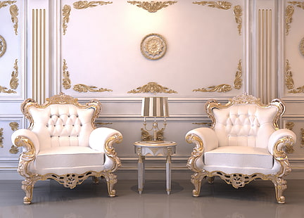 white armchairs, room, chairs, Interior, HD wallpaper HD wallpaper