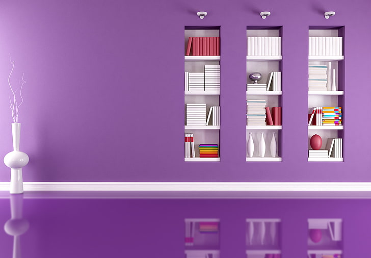 weißes hölzernes Bücherregal, Reflexion, Raum, modern, Vasen, Lampen, Faltblatt, HD-Hintergrundbild