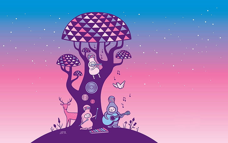 Pequeñas criaturas cantando debajo del árbol, tres personajes de dibujos animados en la ilustración de hongo de árbol, vector, 1920x1200, criatura, árbol, Fondo de pantalla HD