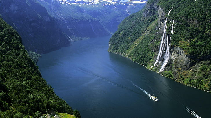 Geiranger Fjord Norway, ships, waterfalls, fjord, mountains, nature and landscapes, HD wallpaper