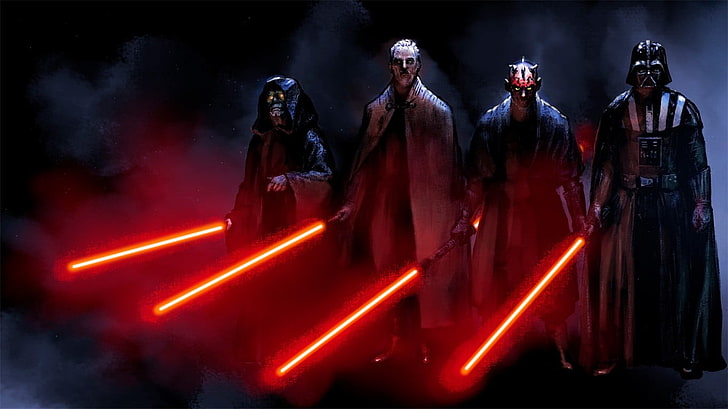 cartaz de quatro personagens de Guerra nas Estrelas, Guerra nas Estrelas, Sith, Darth Vader, Darth Maul, Darth Sidious, Conde Dookan, arte digital, obras de arte, sabre de luz, ficção científica, símbolo fálico, HD papel de parede