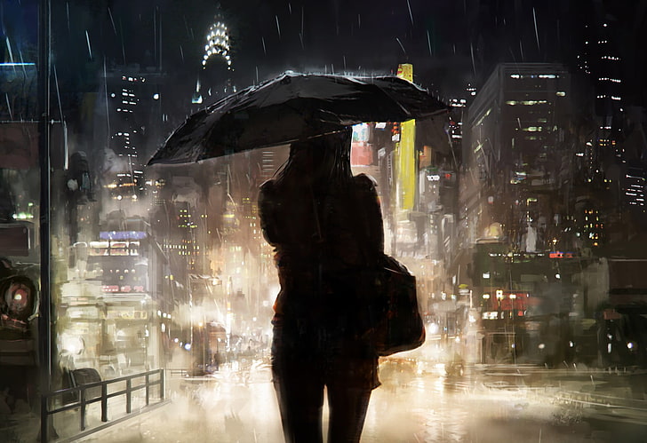 woman holding umbrella illustration, night, women, rain, cityscape, artwork, digital art, HD wallpaper