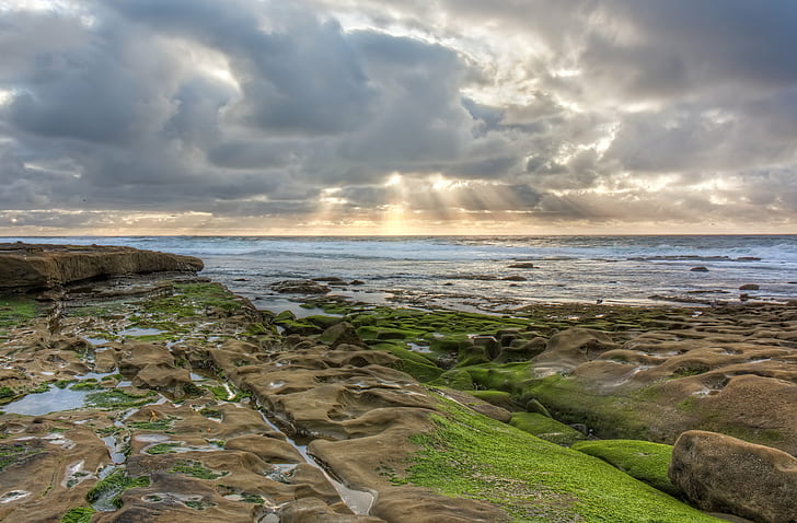landscape photo of gray seashore during daytime, rays, la jolla, rays, la jolla, photo, gray, seashore, daytime, La Jolla  San Diego, Landscape, Seascape, Ocean  Beach, Water, Pacific  California, moss, rocks, clouds, light  rays, flickr, sea, beach, nature, coastline, sunset, cloud - Sky, rock - Object, sky, wave, outdoors, scenics, HD wallpaper