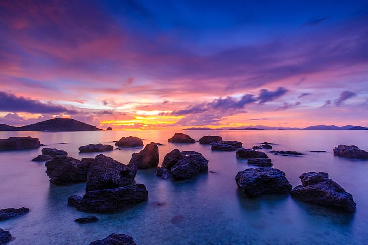 sea, wave, beach, summer, the sky, sunset, stones, shore, sky, pink, seascape, beautiful, sand, purple, HD wallpaper