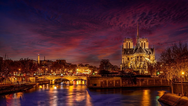 вечер, Европа, Франция, Париж, Нот Дам, Сена, река, осветление, силует, здрач, размисъл, катедрала, Нотр Дам де Париж, туристическа атракция, воден път, нощ, град, градски пейзаж, забележителност, небе, HD тапет
