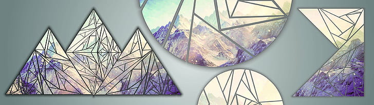 3840x1080 px円CMYK山複数表示ポリ形状雪三角形アニメハローキティHDアート、山、雪、円、図形、3840x1080 px、複数表示、三角形、CMYK、ポリ、 HDデスクトップの壁紙