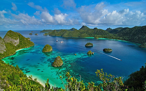 Раджа Ампат Индонезия Прелестни острови на океанския залив със зелени дървета HD тапет за работен плот, HD тапет HD wallpaper