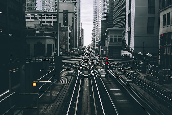 bangunan, kereta api, AS, Chicago, perkotaan, lampu, metro, sinyal, Wallpaper HD